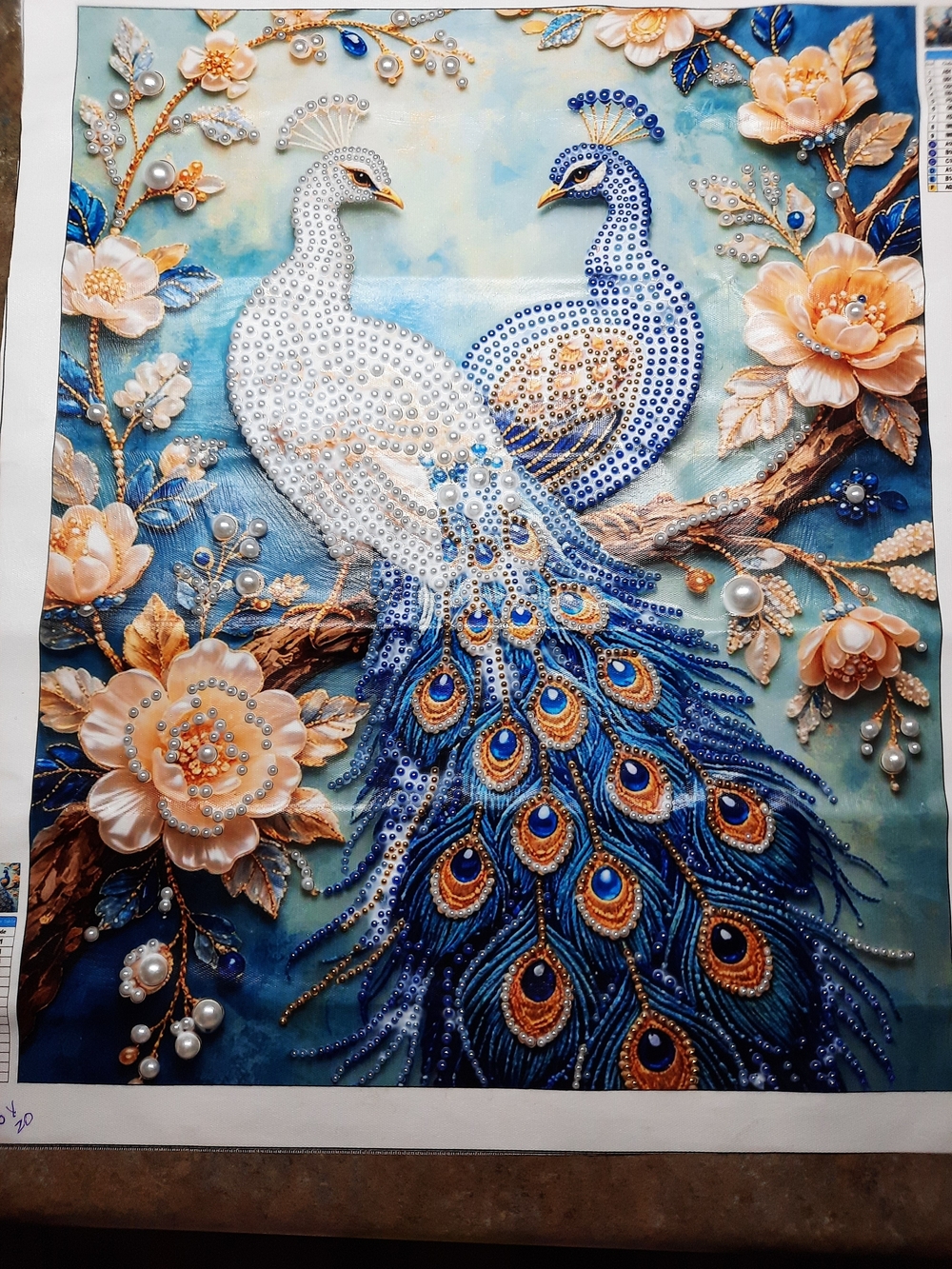 Ornate Blue & White Peacock Diamond Art with Gold Highlights -